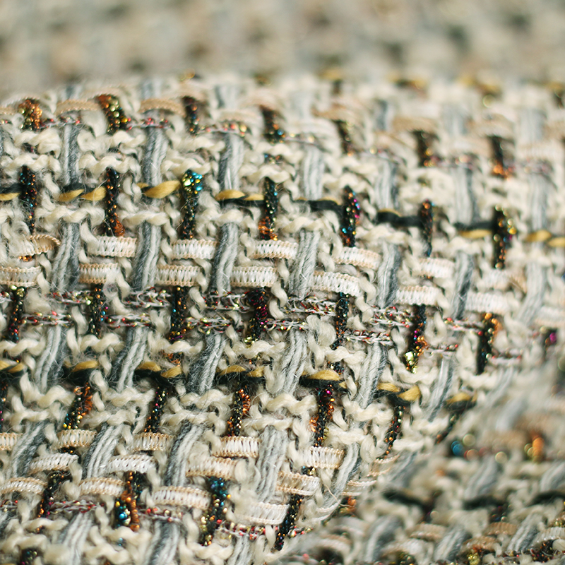 Sewing Tweed Fabric - Redraspberry Khaki grey color weaving 17%